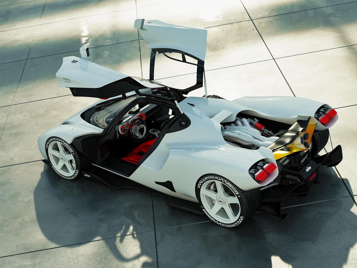 Thiết kế đuôi xe brutalist của Nilu Hypercar với quạt tản nhiệt dạng lưới khí và động cơ để trần