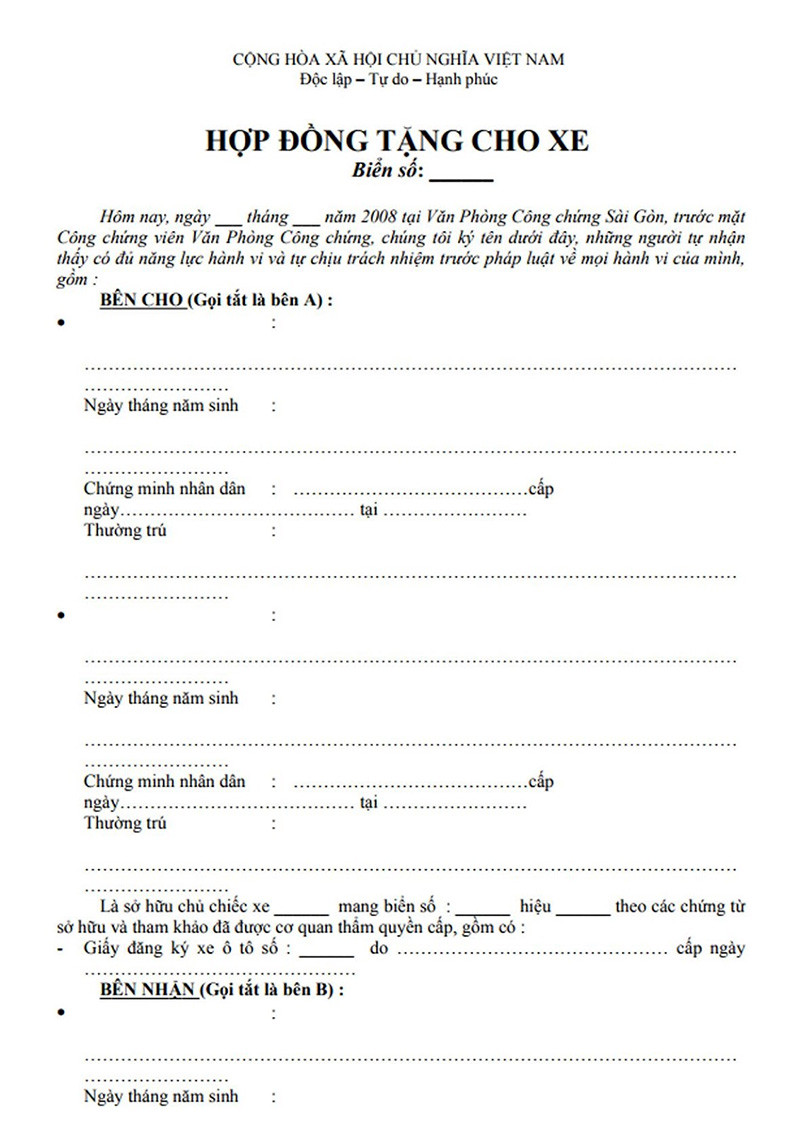 Alt: Hồ sơ tặng xe ô tô