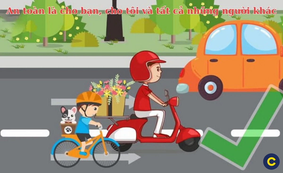 Alt text: Hình ảnh người đi xe đạp tuân thủ luật lệ giao thông, đi đúng làn đường quy định.